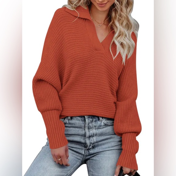 Sweaters - Sweater / V Neck Collared Batwing Knit Sweater